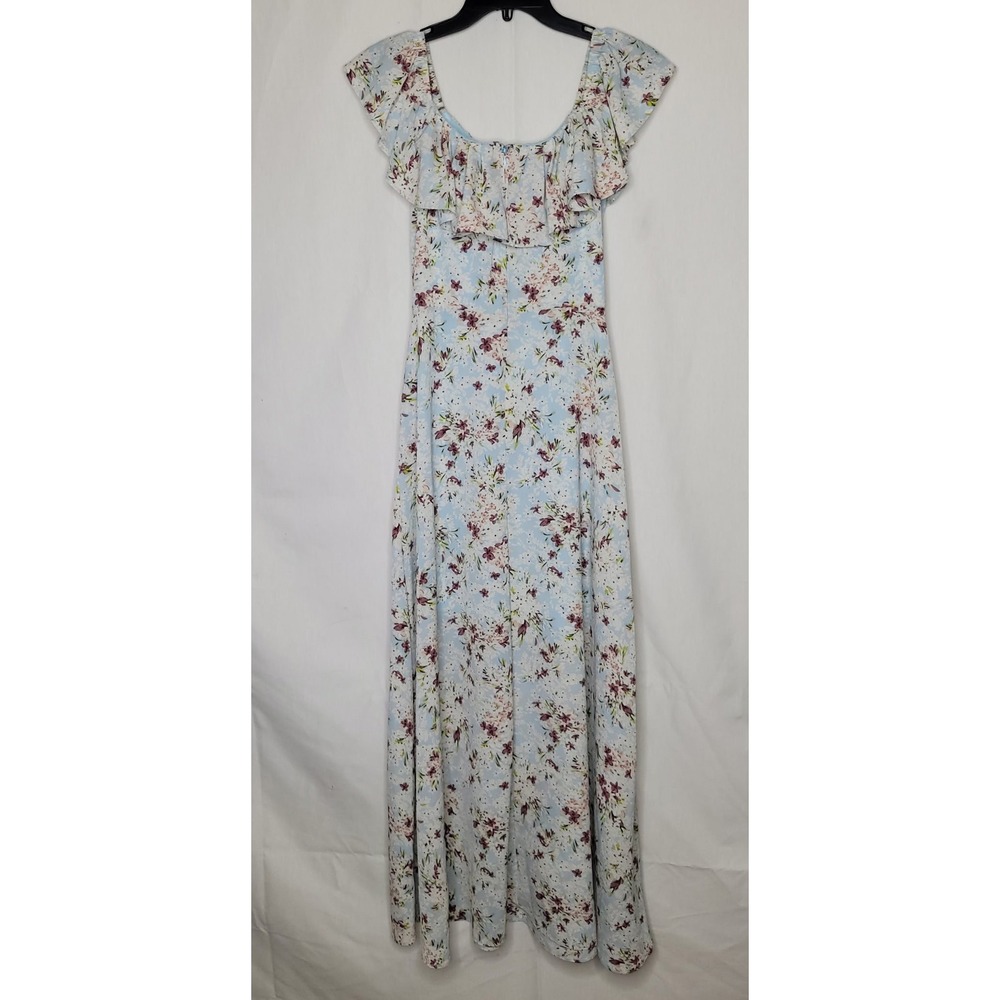 BCBGeneration Light Blue Floral Ruffle Off Shoulder Maxi Dress Small Slit Boho - Picture 4 of 8